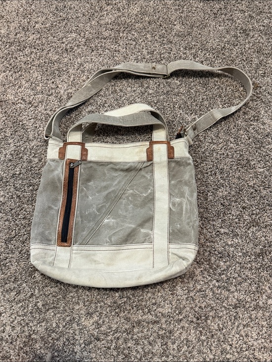 Handbags - Mona B Recycled Canvas Crossbody Tote in Light Gray and Cream with Brown Trim